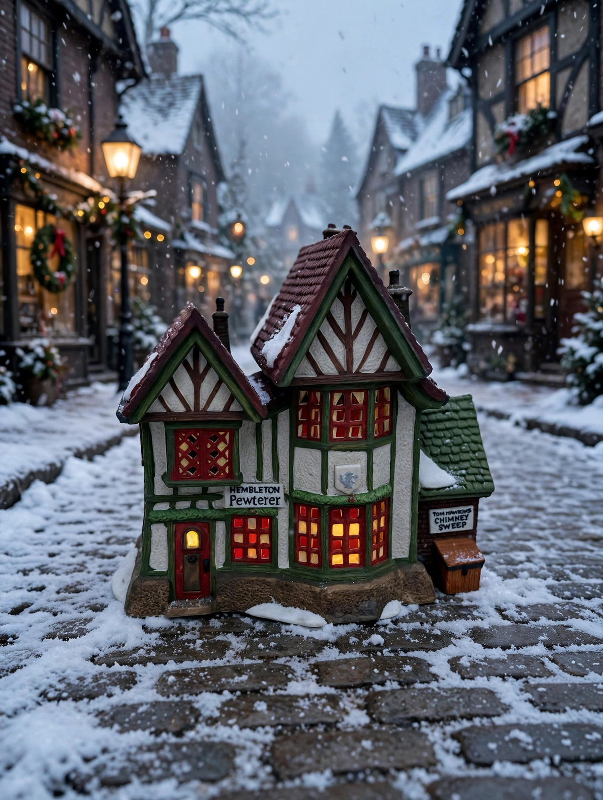 Department 56 Dickens' Village Hembleton Pewterer 1992 #5800-9 – styled display inspiration: the building in a snowy Dickens village street at dusk