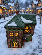 Department 56 Dickens' Village T. Puddlewick Spectacle Shop #58334 — styled scene: lit on a snowy Christmas village street (display inspiration)