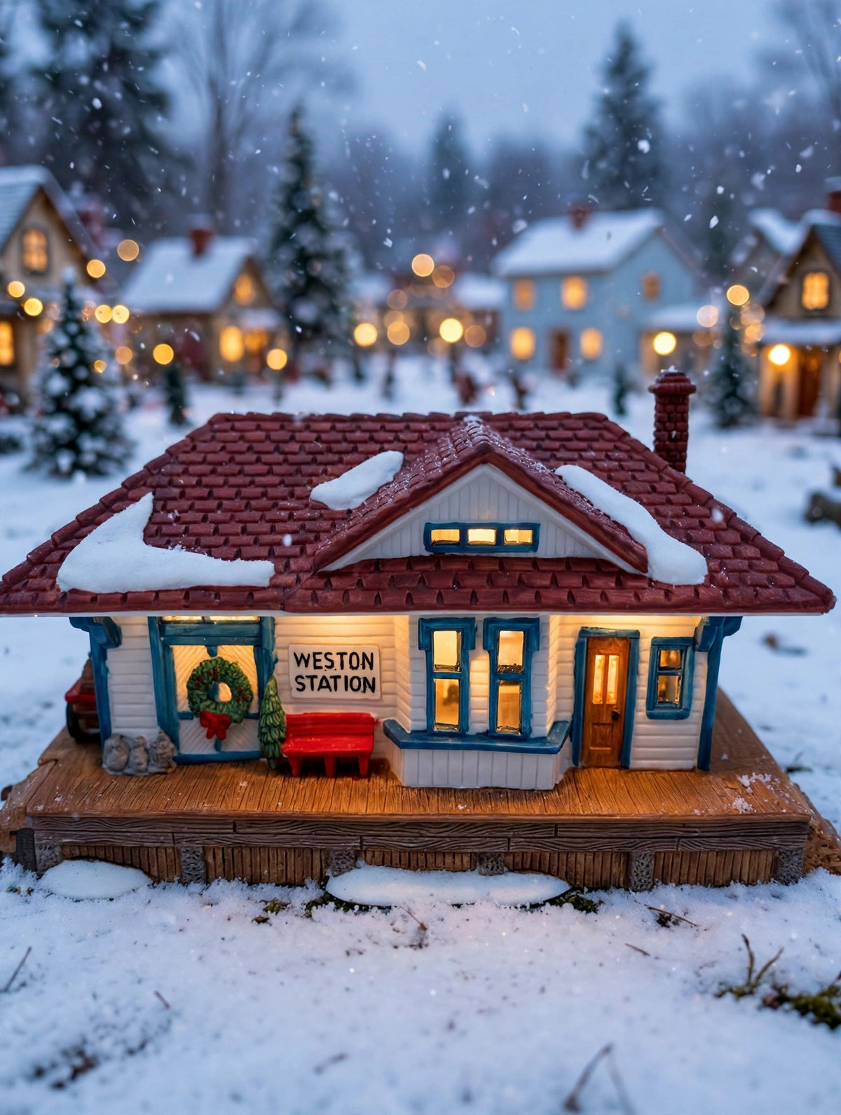 Department 56 New England Village Weston Train Station #5931-5 — styled scene: lit at the edge of a snowy Christmas village at dusk (display inspiration)