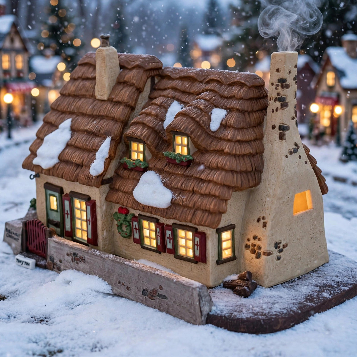 Department 56 Dickens' Village The Christmas Carol Cottage #58339 — styled scene generated from the reference photo: lit on a snowy Christmas village street, smoke curling from the chimney (display inspiration) — shown for visual interpretation only; not the actual item