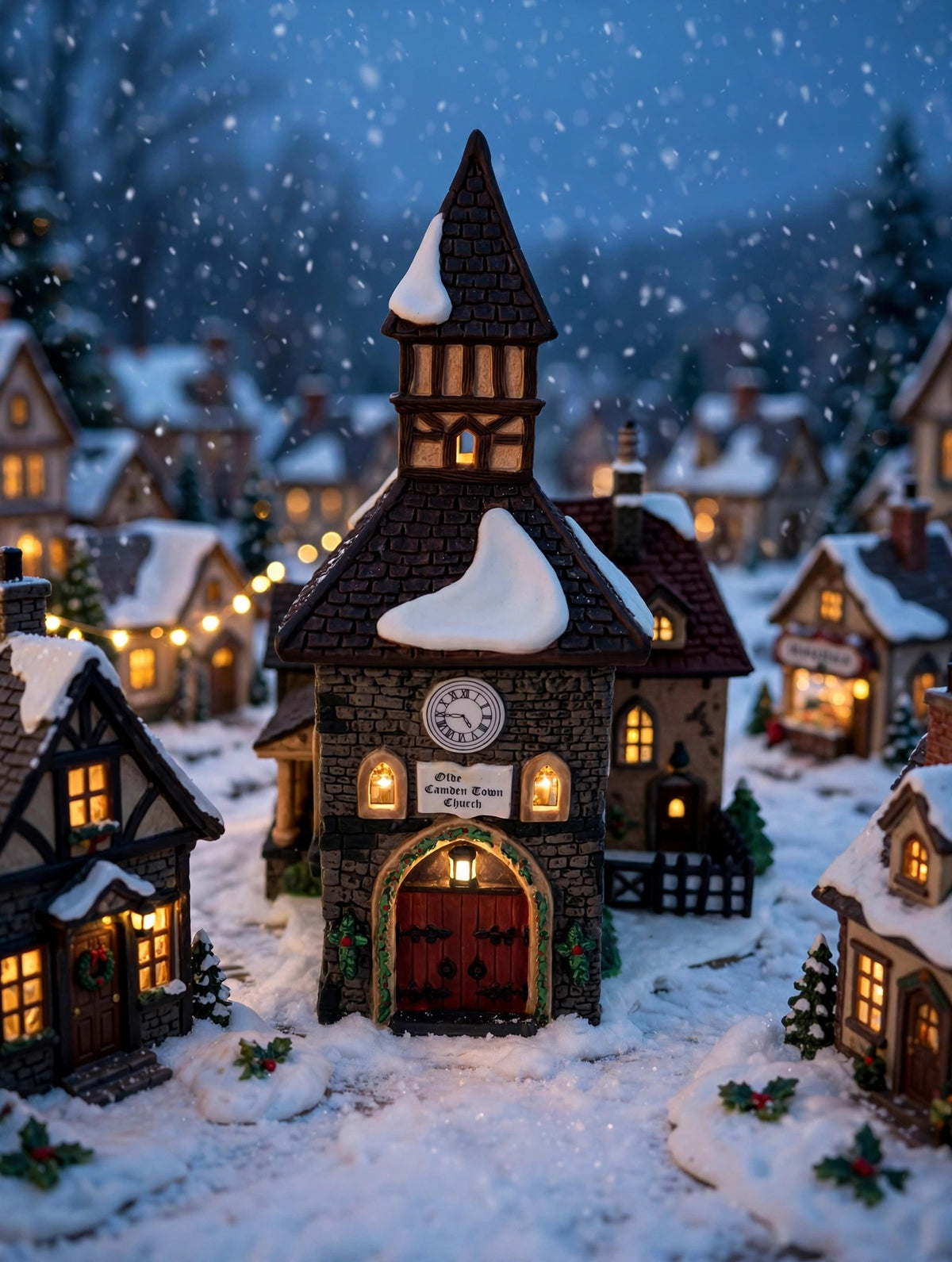 Department 56 Dickens' Village The Olde Camden Town Church 1996 #58346 – styled display inspiration: the church in a snowy Dickens village street at dusk