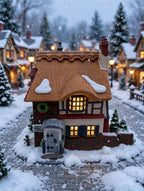 Department 56 Dickens' Village Betsy Trotwood's Cottage #5550-6, David Copperfield — styled scene: lit on a snowy Christmas village street (display inspiration)
