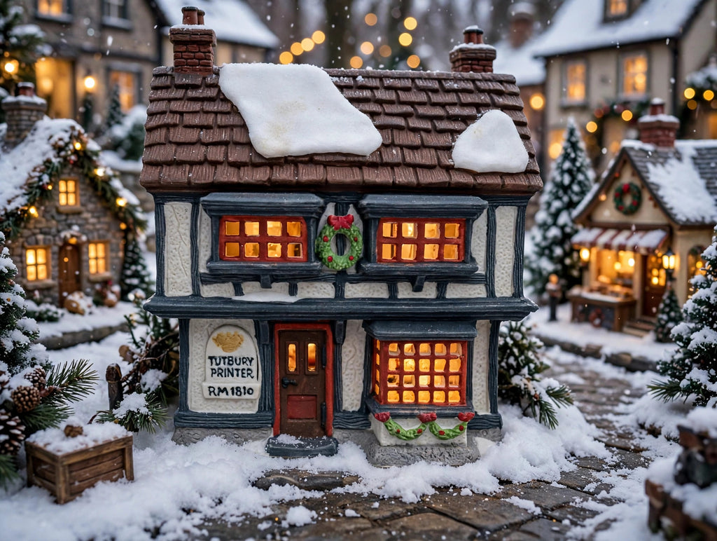Department 56 Tutbury Printer, Dickens' Village, 1990 – shown in a snowy Christmas village display (styled display inspiration)