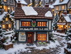 Department 56 Tutbury Printer, Dickens' Village, 1990 – shown in a snowy Christmas village display (styled display inspiration)