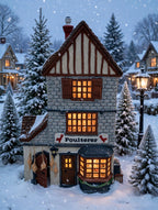 Department 56 Dickens' Village Poulterer 1988 lighted porcelain poultry shop — styled scene: in a snowy Christmas village display, windows glowing (display inspiration)