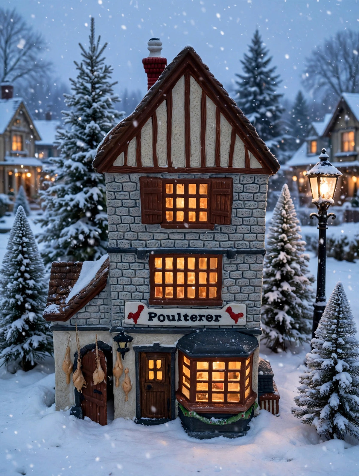 Department 56 Dickens' Village Poulterer 1988 lighted porcelain poultry shop — styled scene: in a snowy Christmas village display, windows glowing (display inspiration)