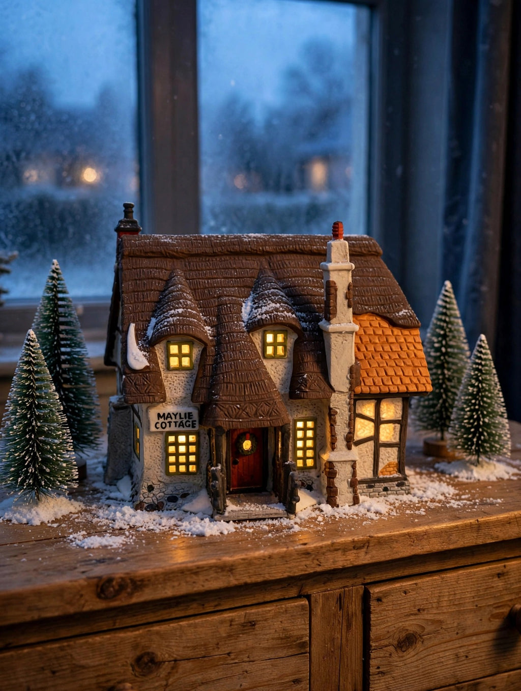 Department 56 Dickens' Village Maylie Cottage #5553-0, Oliver Twist — styled scene: lit on a wooden sideboard by a frosted window at dusk (display inspiration)