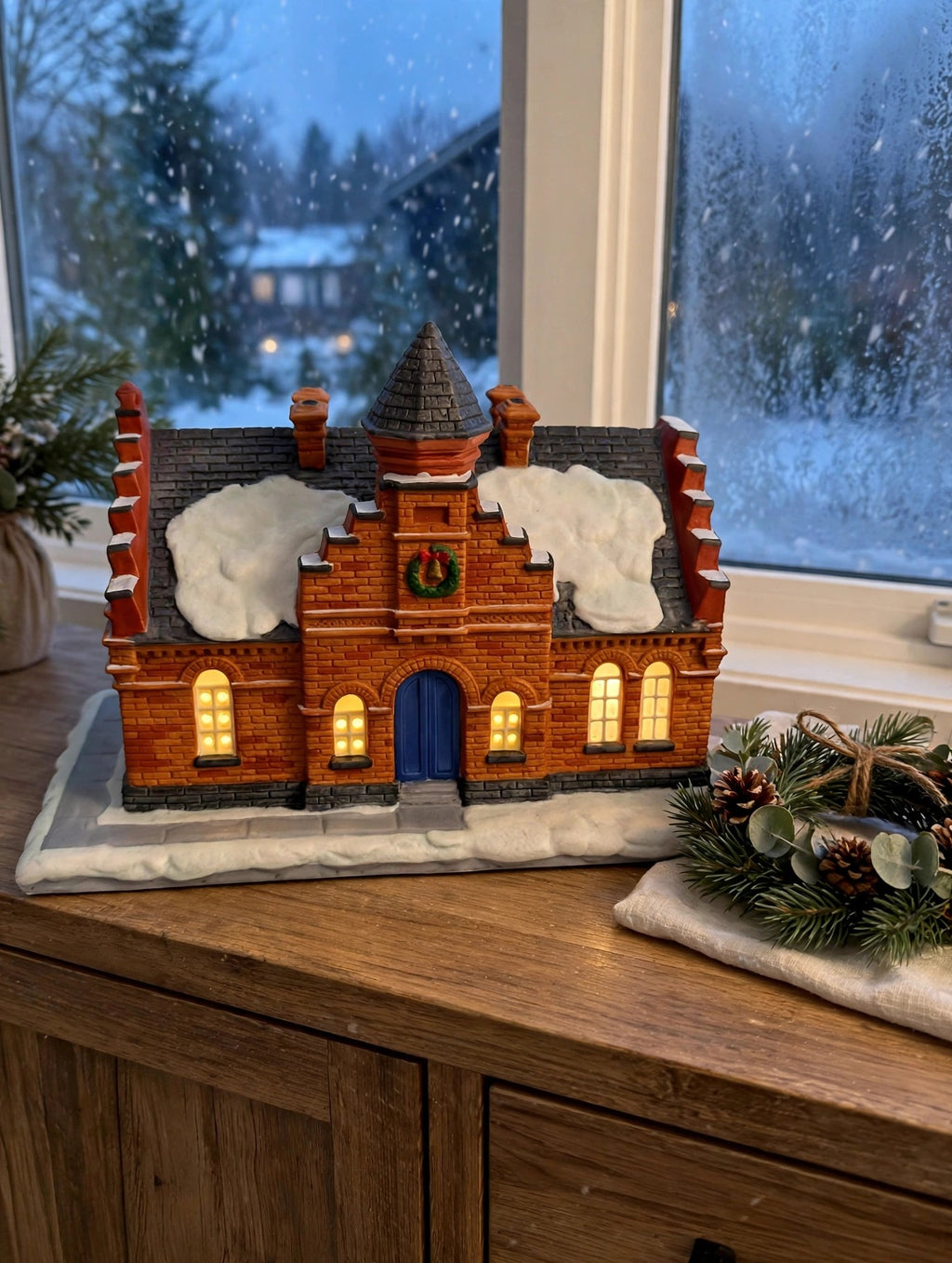 Hawthorne The Town Offices Norman Rockwell Christmas in Stockbridge 1993 — styled scene: lit on a wooden sideboard by a frosted window at dusk (display inspiration)