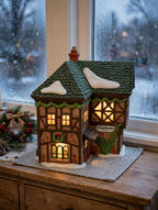 Department 56 Dickens' Village T. Puddlewick Spectacle Shop #58334 — styled scene: lit on a wooden sideboard by a frosted window at dusk (display inspiration)