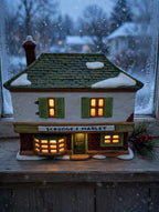 Department 56 Scrooge & Marley Counting House, Dickens' Village, 1986 – shown lit by a frosted window at dusk (styled display inspiration)