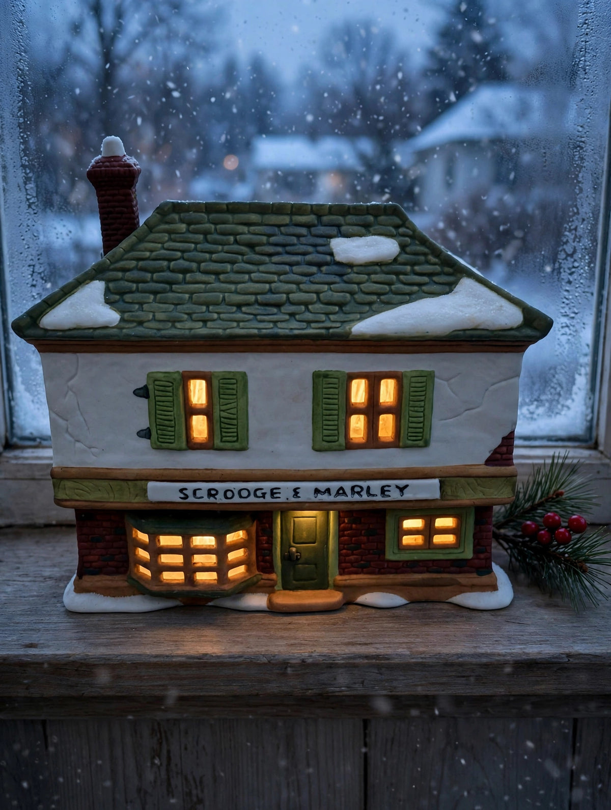 Department 56 Scrooge & Marley Counting House, Dickens' Village, 1986 – shown lit by a frosted window at dusk (styled display inspiration)