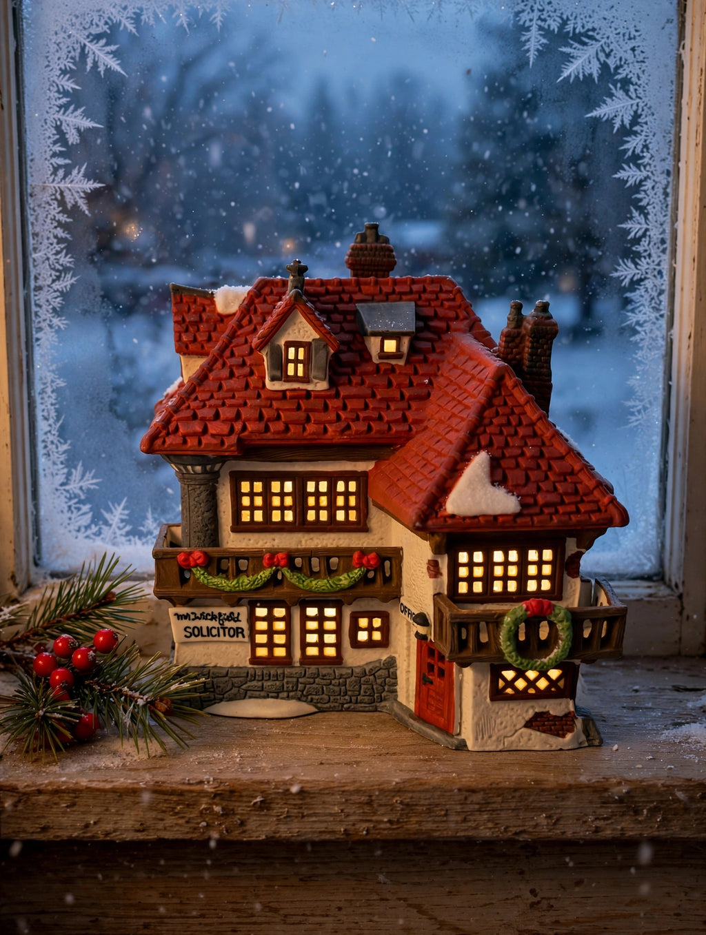 Department 56 Mr. Wickfield Solicitor, Dickens' Village, David Copperfield, 1989 – shown lit by a frosted window at dusk (styled display inspiration)