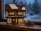 Department 56 Tutbury Printer, Dickens' Village, 1990 – shown lit by a frosted window at dusk (styled display inspiration)
