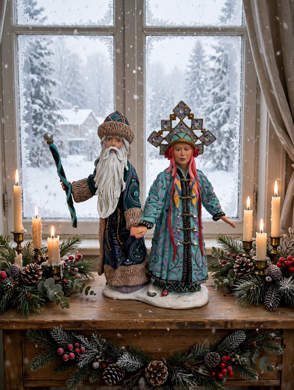 Grandfather Frost & Snowmaiden displayed on a console by a snowy winter window with candles and greenery - display inspiration