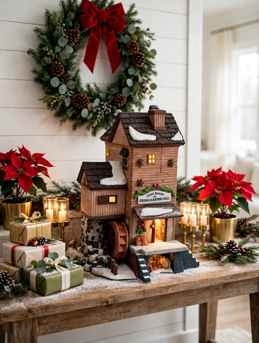 Styled photo - Great Denton Mill on a holiday console table with wreath (display inspiration)