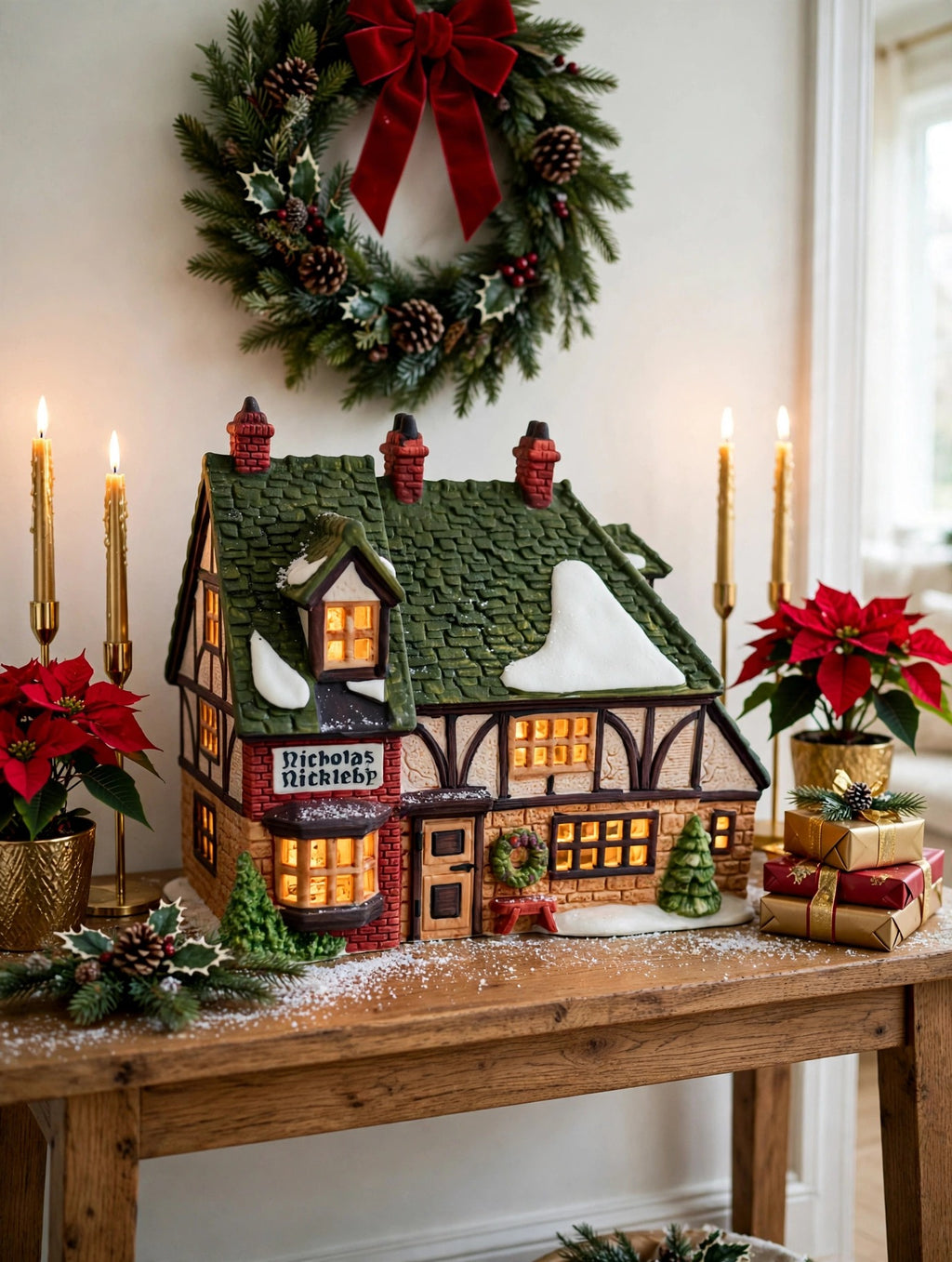 Styled photo - Nicholas Nickleby Cottage on a holiday console table with wreath (display inspiration)
