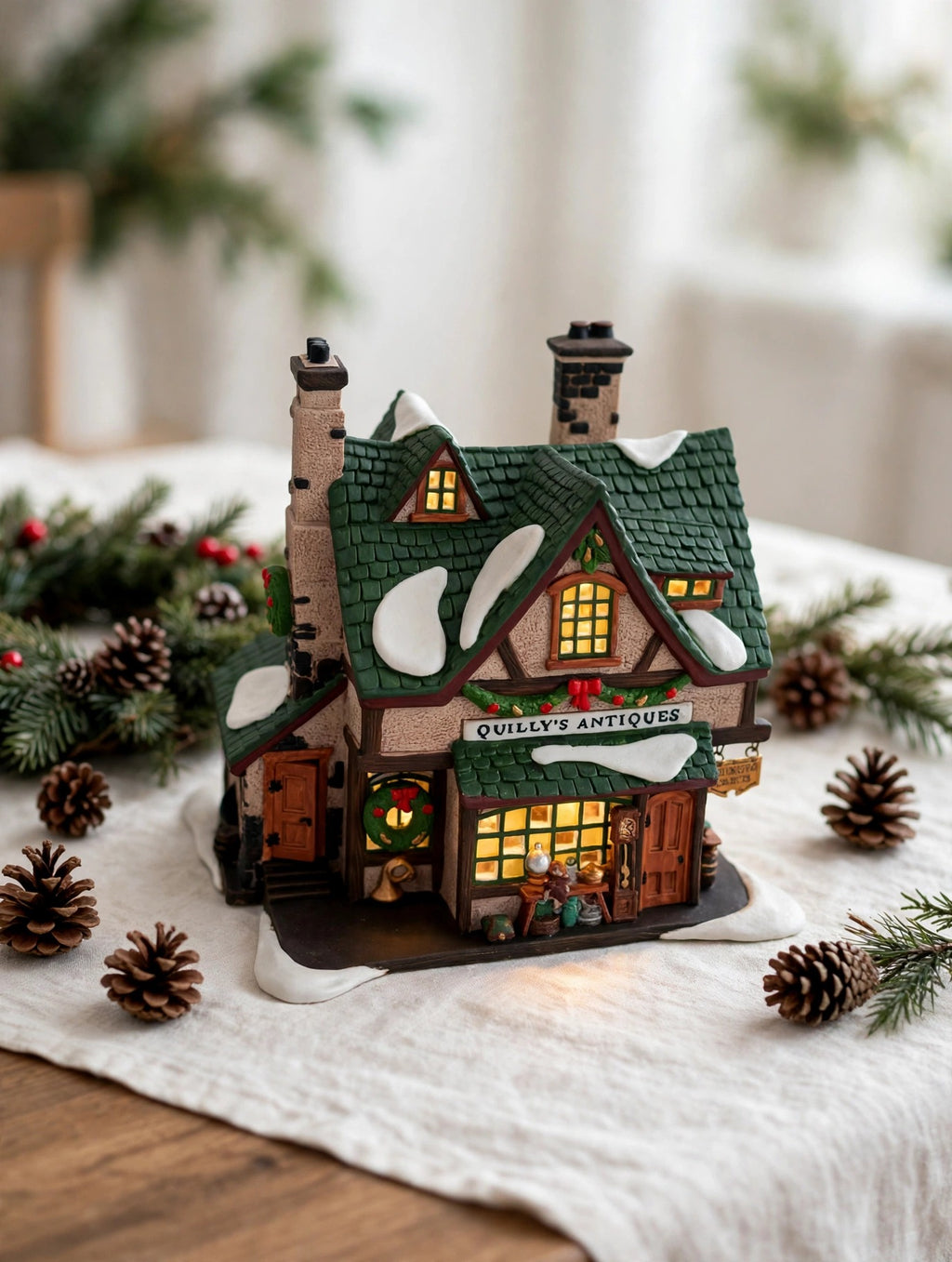 Styled photo - Quilly's Antiques on a holiday table with greenery (display inspiration)