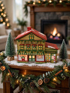 Sweet Shoppe and Bakery on a Christmas mantel with bottle-brush trees - styled display inspiration