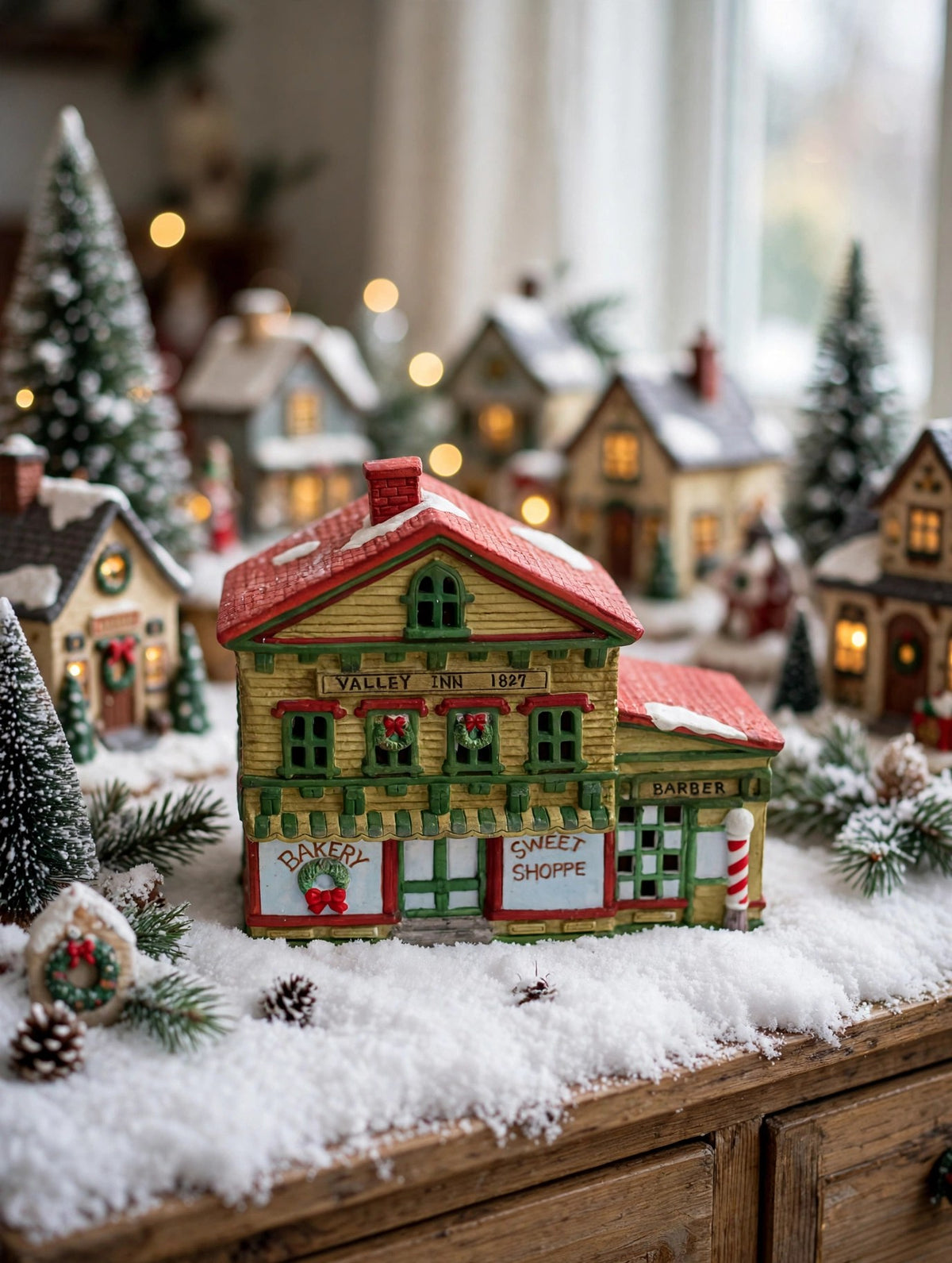 Sweet Shoppe and Bakery in a Christmas village display on a snow blanket - styled display inspiration