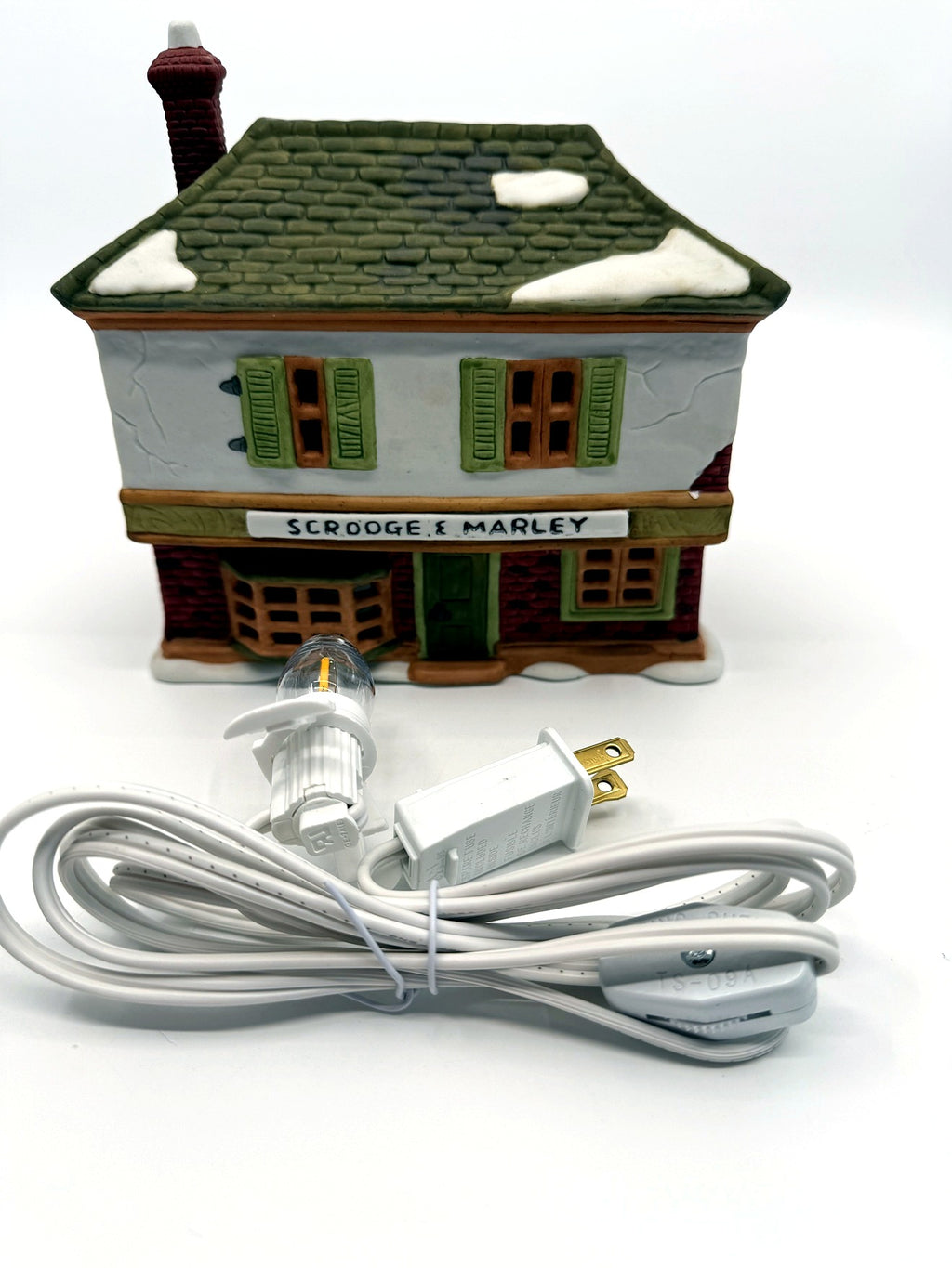 Department 56 Scrooge & Marley Counting House, Dickens' Village, 1986 – front view with the new replacement light cord and bulb