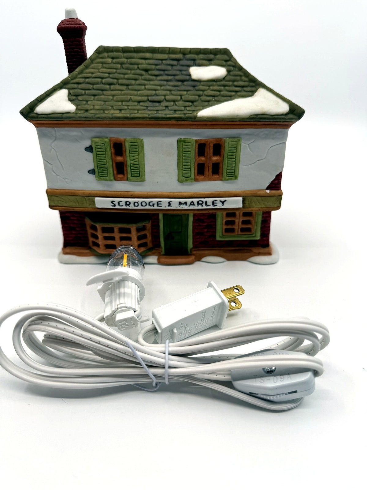 Department 56 Scrooge & Marley Counting House, Dickens' Village, 1986 – front view with the new replacement light cord and bulb