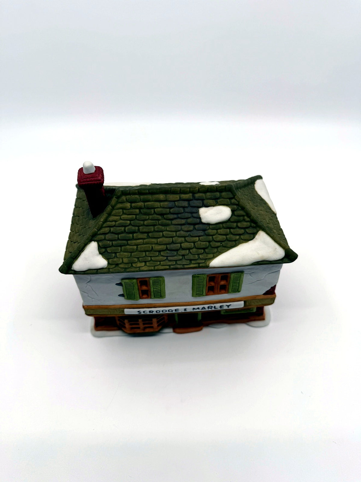 Department 56 Scrooge & Marley Counting House, Dickens' Village, 1986 – front view from above showing snow patches on the shingle roof