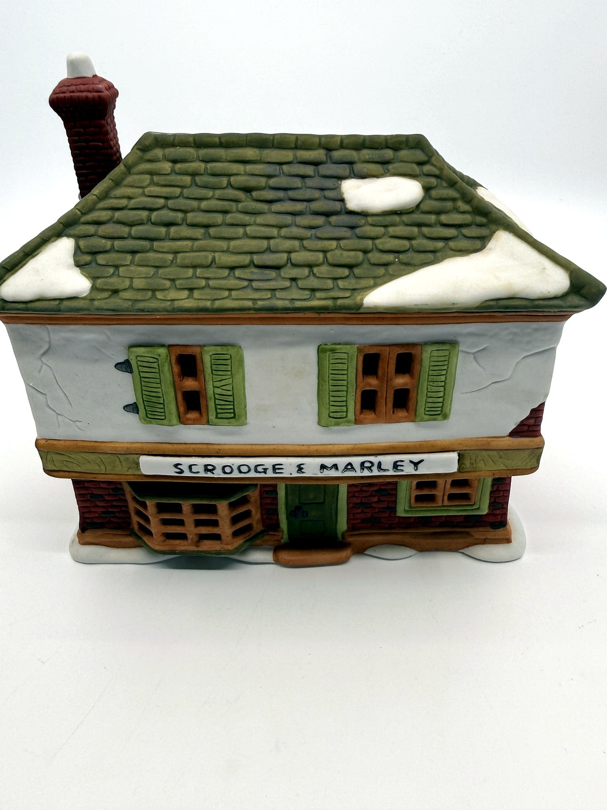 Department 56 Scrooge & Marley Counting House, Dickens' Village, 1986 – front view: Scrooge & Marley sign, bay window, green shutters