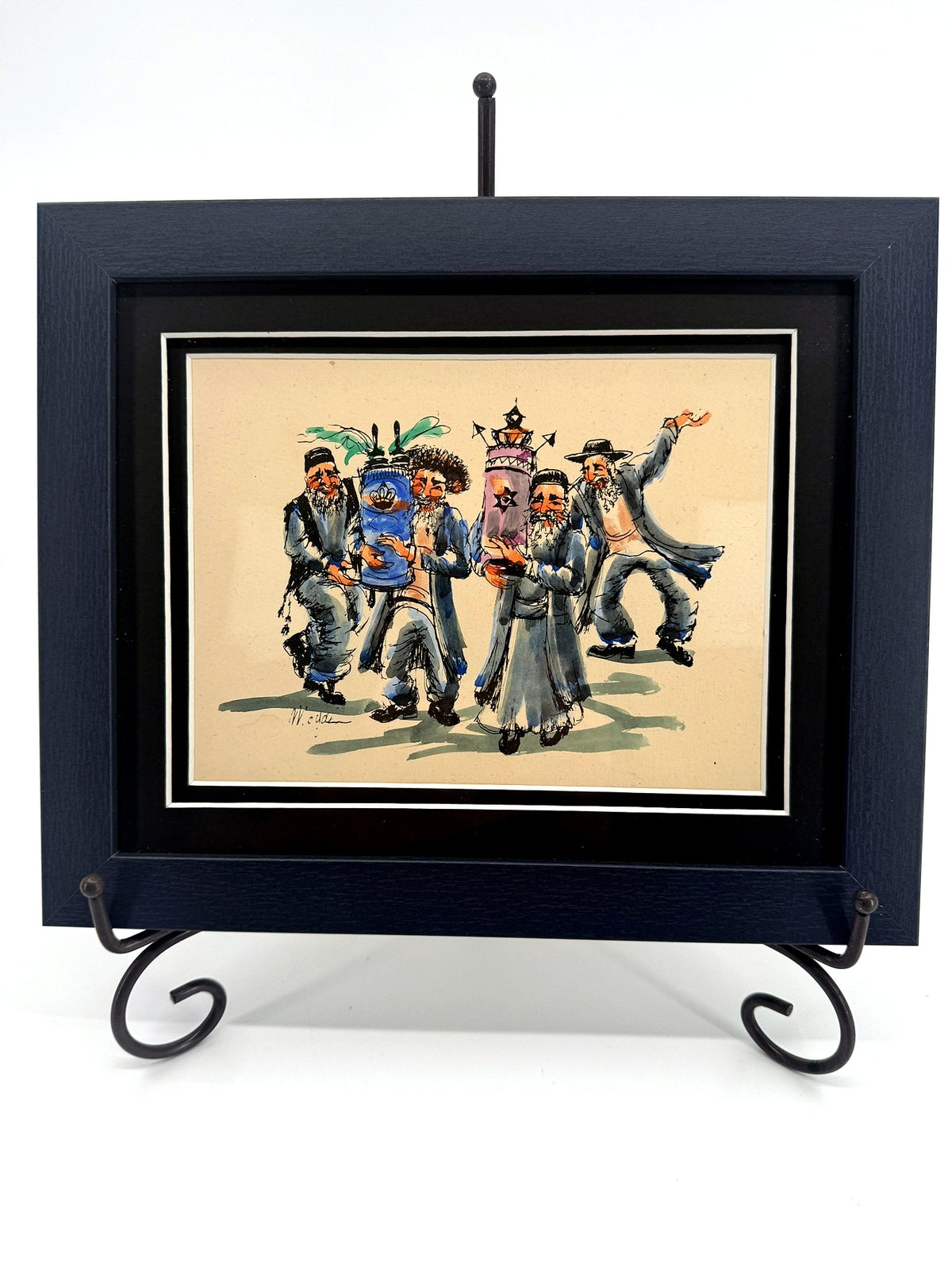 Signed vintage watercolor — Simchat Torah celebration with Hasidic men dancing with Torah scrolls, newly framed in black with double matting on a display easel