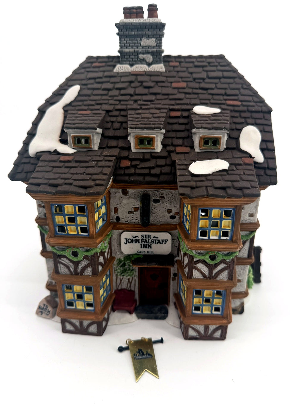 Department 56 Sir John Falstaff Inn, Dickens' Village — front view with hanging inn sign, Charles Dickens Heritage paperwork and original light cord