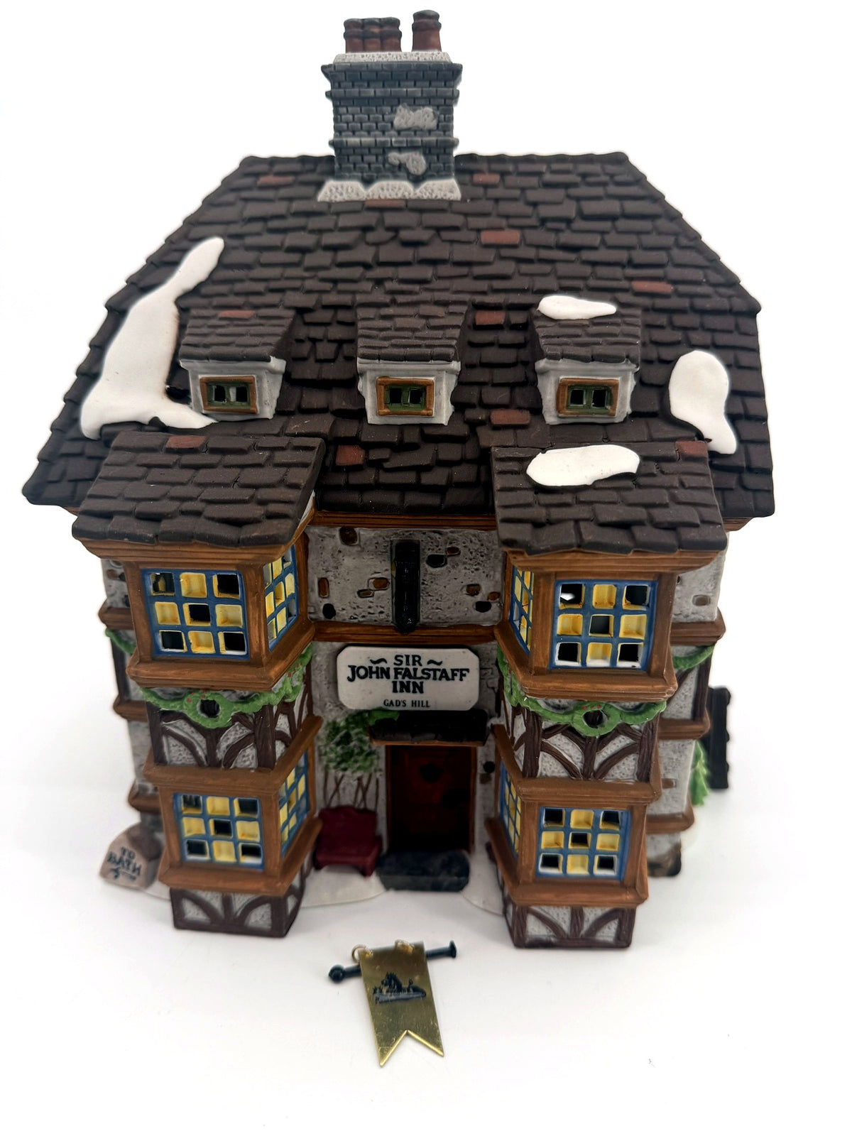 Department 56 Sir John Falstaff Inn, Dickens' Village — front view with hanging inn sign, Charles Dickens Heritage paperwork and original light cord