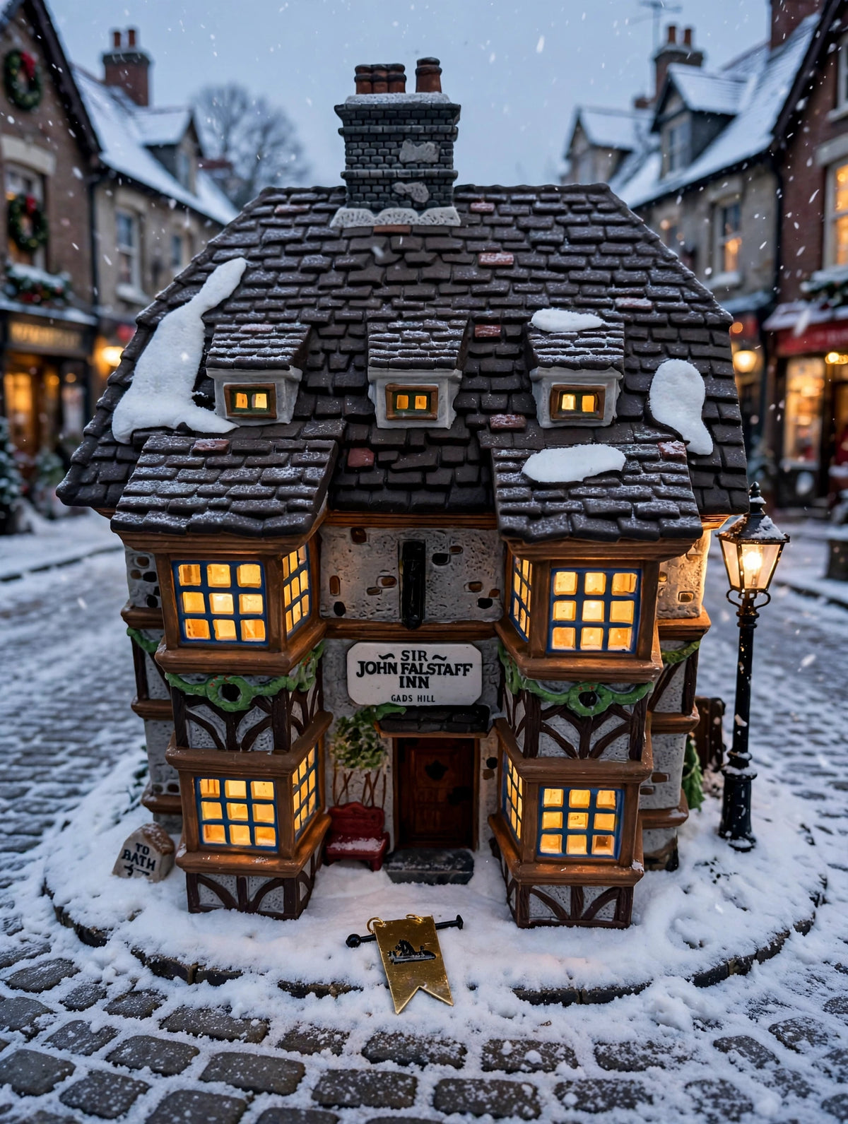 Styled lifestyle photo — Sir John Falstaff Inn glowing in a snowy Dickens-style village street at dusk (display inspiration)