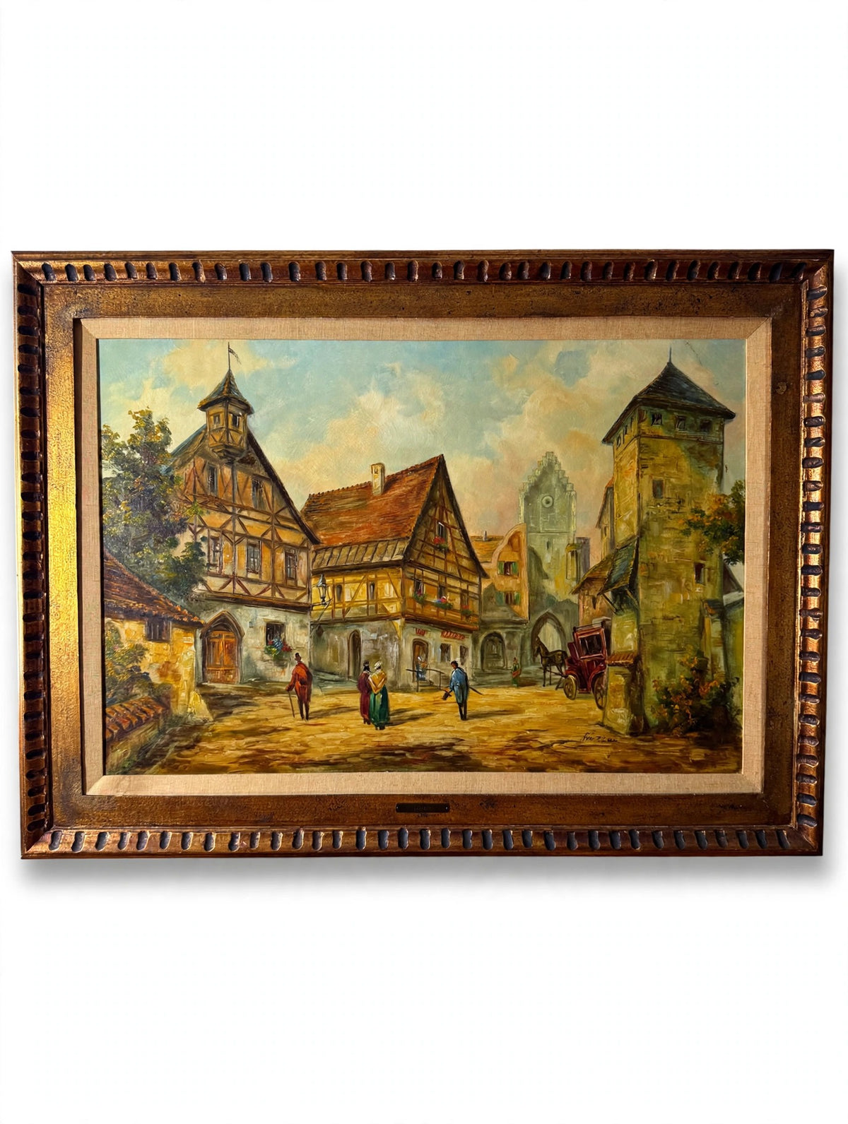Joseph Spitzer original oil painting — European village and carriage — front view on the easel