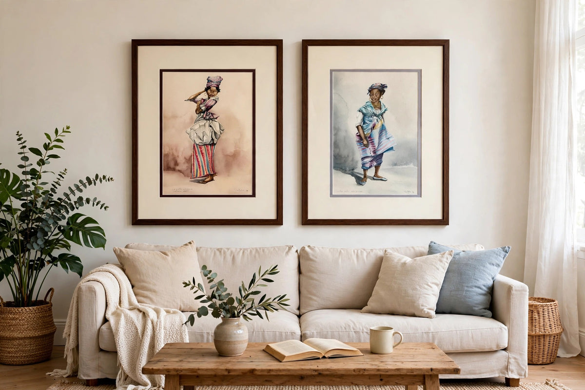 Styled lifestyle photo - the pair hanging above a linen sofa (display inspiration)