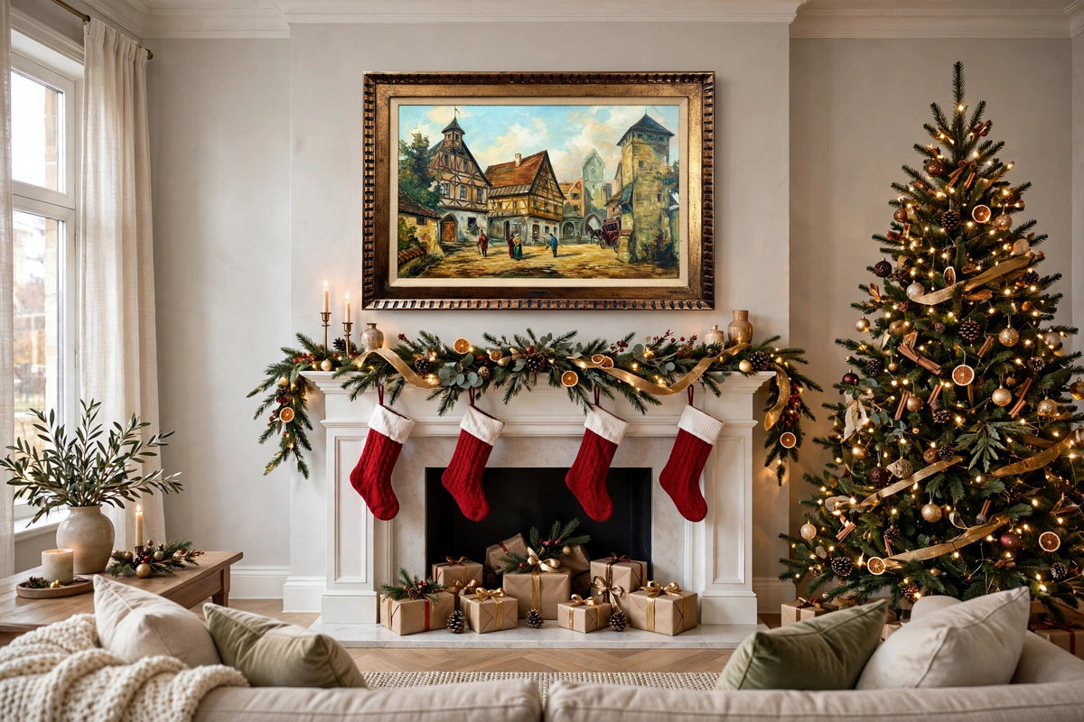 Styled lifestyle photo — the framed painting hanging above a Christmas mantel with garland, stockings and a decorated tree (display inspiration)