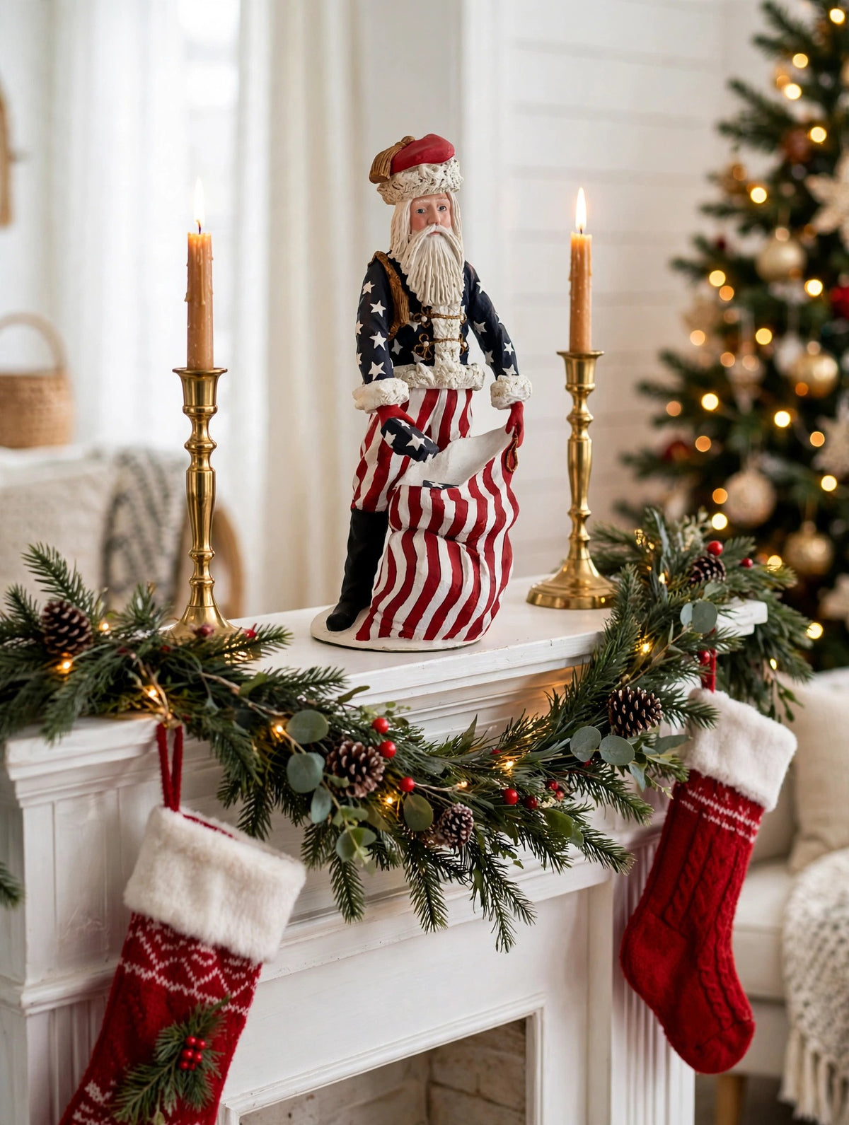 Styled lifestyle photo — on a white Christmas mantel with a lit garland, stockings, brass candlesticks and a decorated tree (display inspiration)