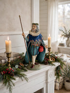 Styled lifestyle photo — display inspiration: Sir Christmas figurine on a fireplace mantel with lit candles, evergreen garland and holly