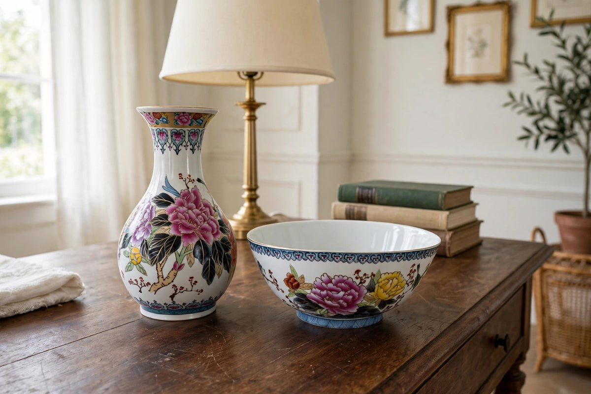 Styled lifestyle photo — the vase and bowl set on a dark wood console table beside a brass table lamp and a stack of books (display inspiration)