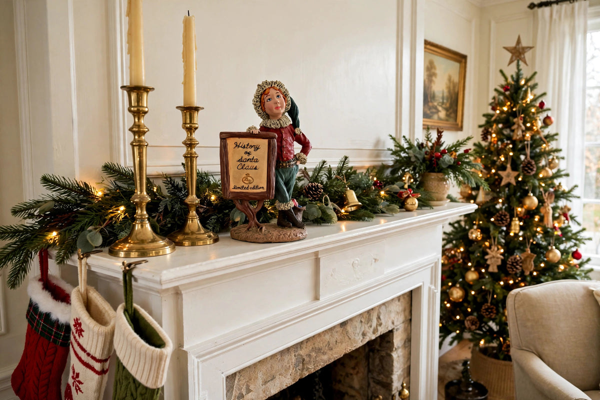 Styled lifestyle photo — the Signature Piece on a white fireplace mantel with lit garland, stockings, tall brass candlesticks and a decorated Christmas tree (display inspiration)