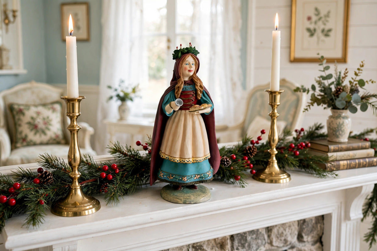 Styled lifestyle photo — St. Lucia on a Christmas mantel with brass candlesticks and berry garland (display inspiration)