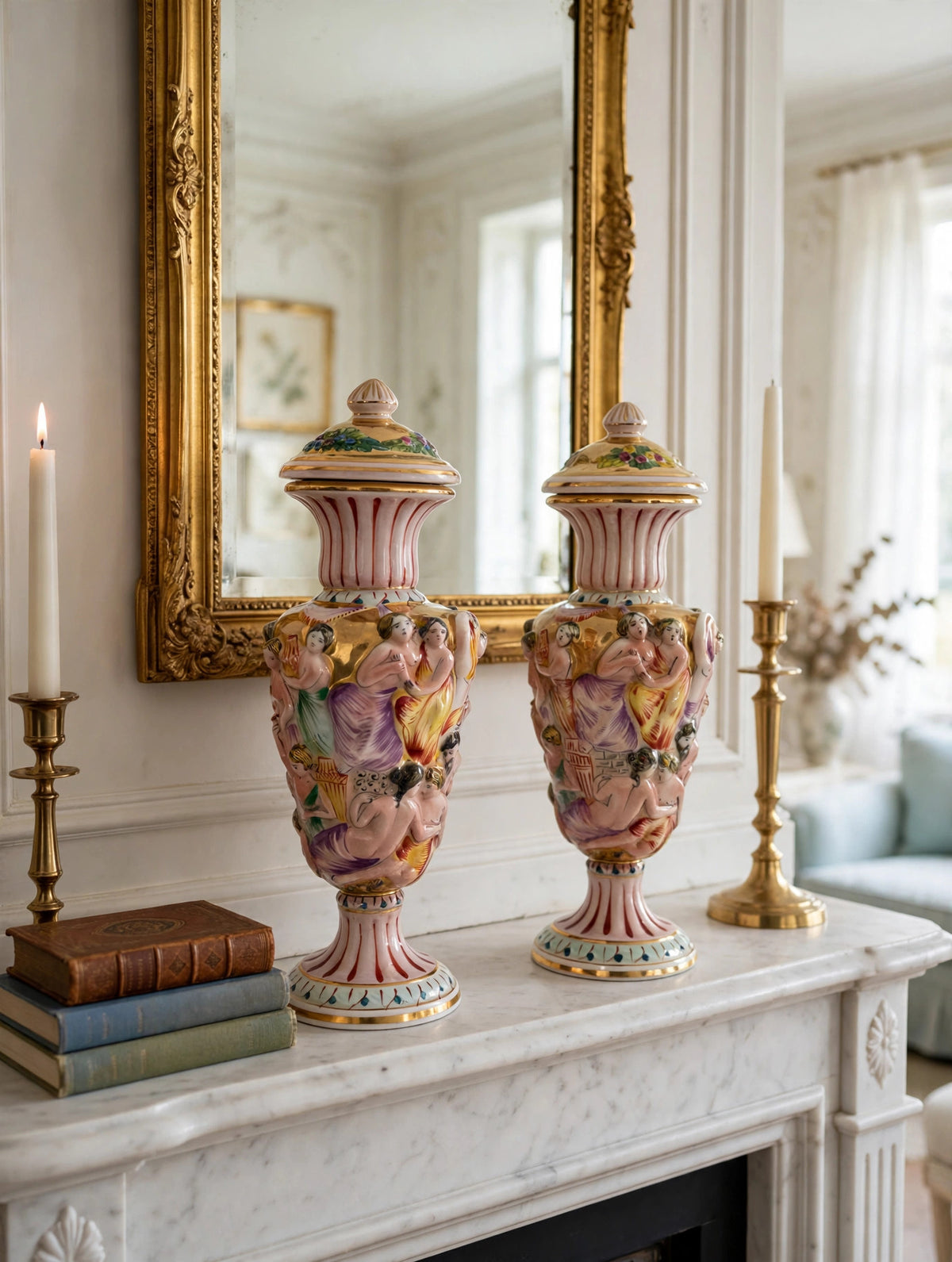 Styled lifestyle photo — the urn pair on a marble fireplace mantel with a tall gilt mirror and candlesticks (display inspiration)