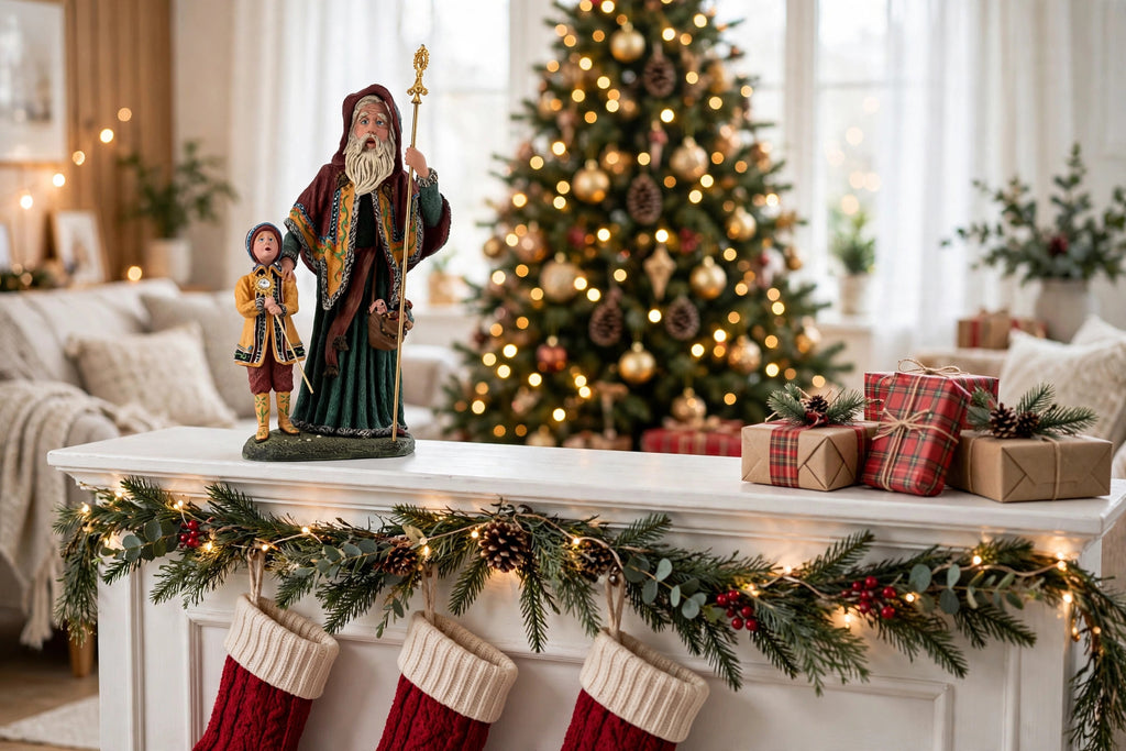 Styled lifestyle photo — on a white Christmas mantel with a lighted evergreen garland, red stockings and wrapped gifts, a lit Christmas tree behind (display inspiration)