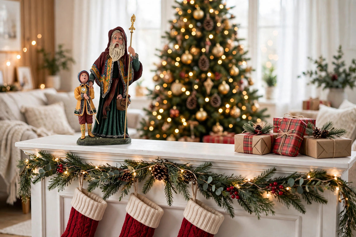 Styled lifestyle photo — on a white Christmas mantel with a lighted evergreen garland, red stockings and wrapped gifts, a lit Christmas tree behind (display inspiration)