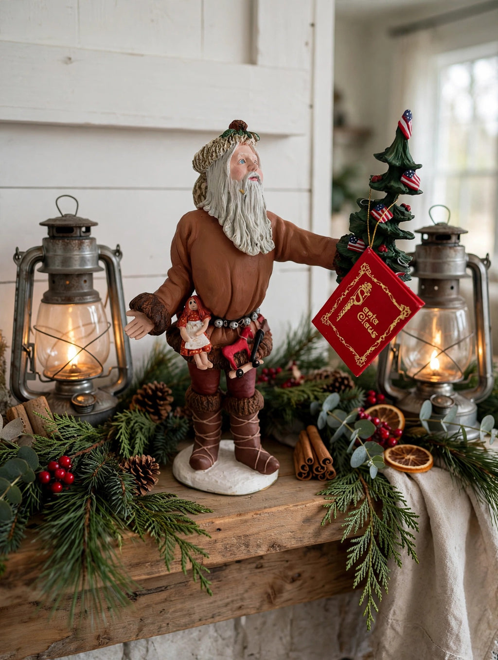 Styled lifestyle photo — display inspiration: Pioneer Santa figurine on a rustic farmhouse mantel with garland and lanterns