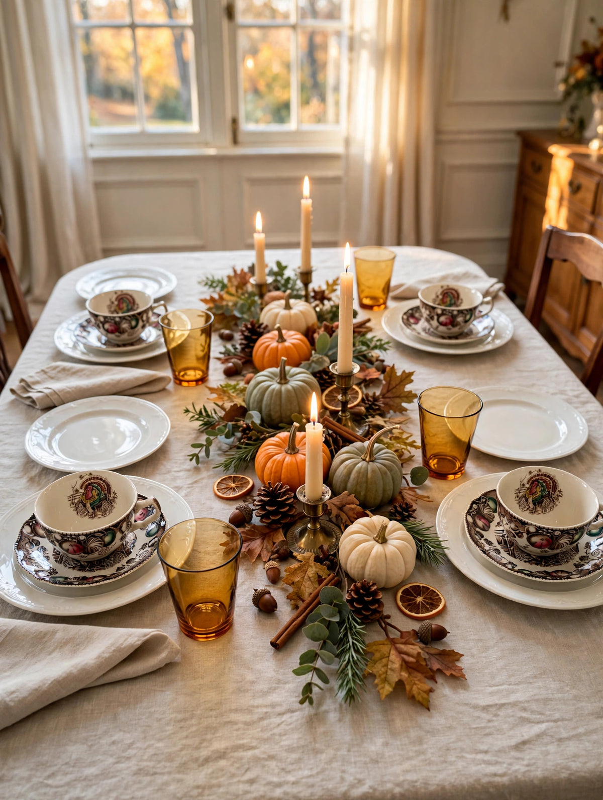 Styled lifestyle photo — the turkey cups and saucers set at a Thanksgiving dinner table with pumpkins, pinecones and candles (display inspiration)
