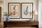 Styled lifestyle photo - the pair above a console table with porcelain vase and brass lamp (display inspiration)