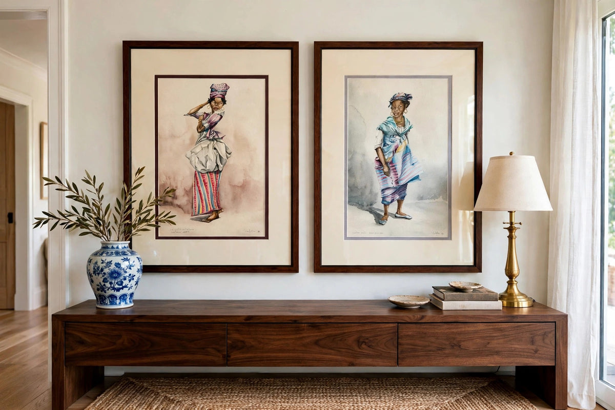 Styled lifestyle photo - the pair above a console table with porcelain vase and brass lamp (display inspiration)