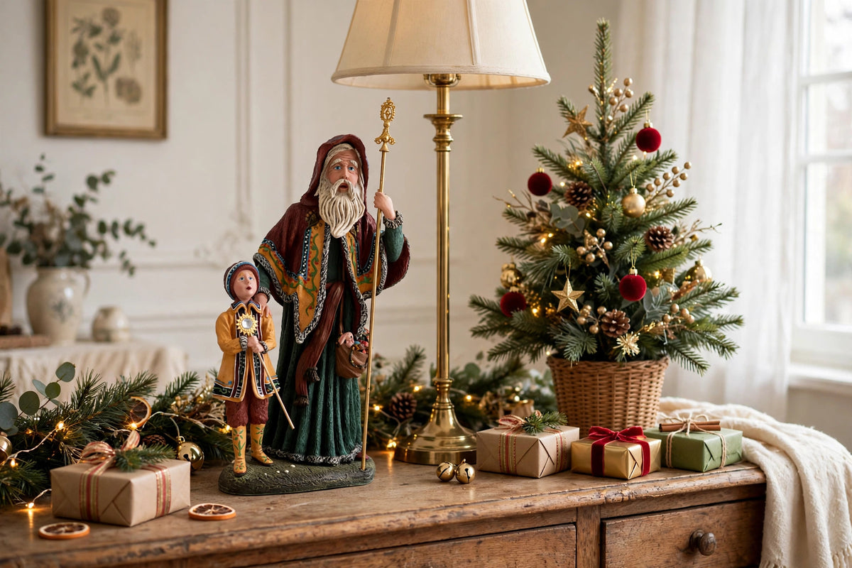 Styled lifestyle photo — on a vintage console table with a tabletop Christmas tree, wrapped gifts and a tall brass lamp (display inspiration)