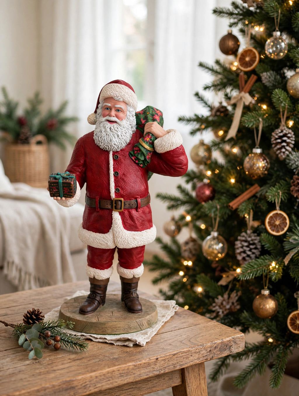 Styled lifestyle photo — display inspiration: Santa's Gift figurine on a side table beside a decorated Christmas tree