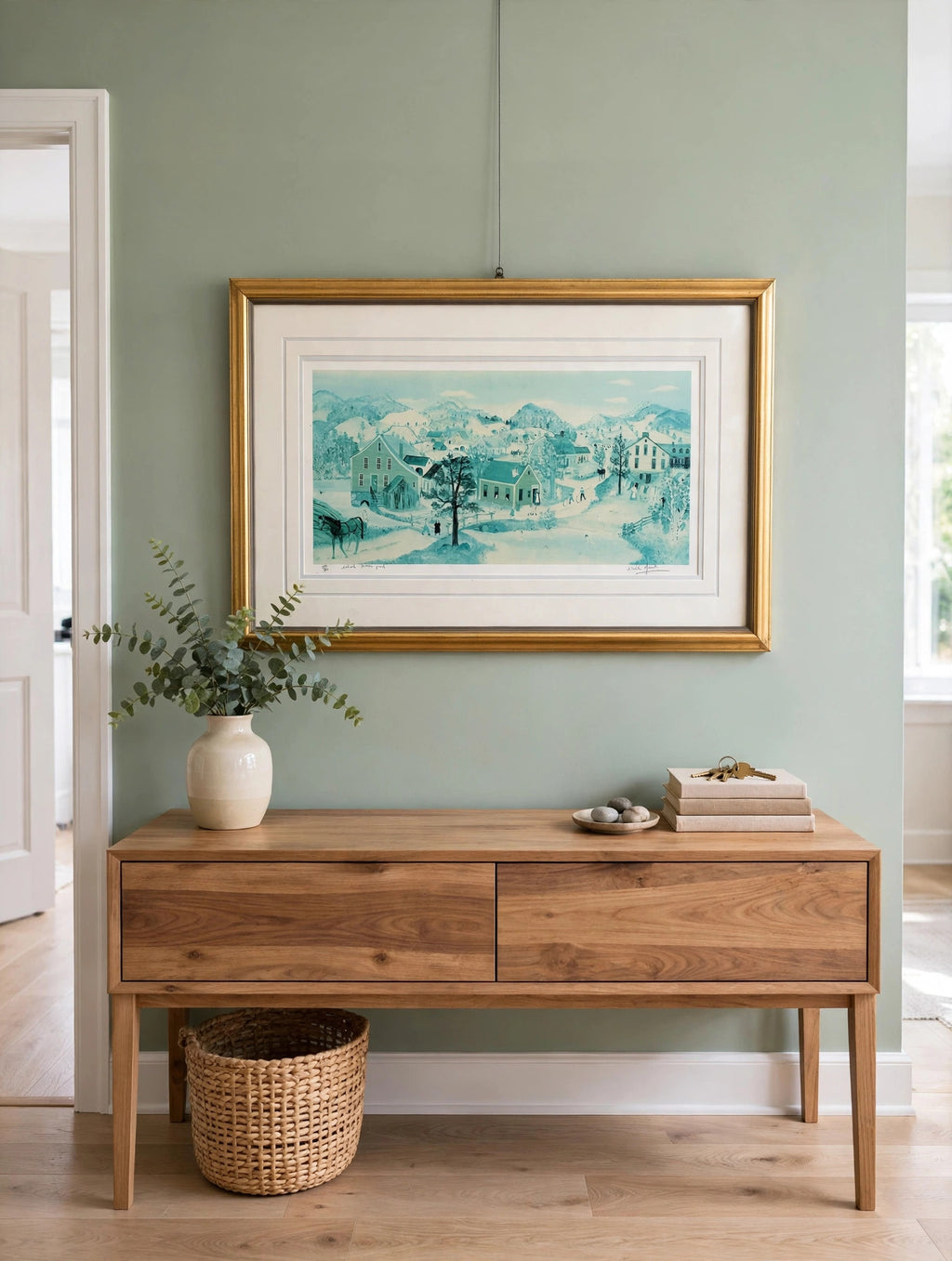 Styled lifestyle photo — the framed School House Pond lithograph hanging above a wooden console table in a bright entryway with sage green walls (display inspiration)