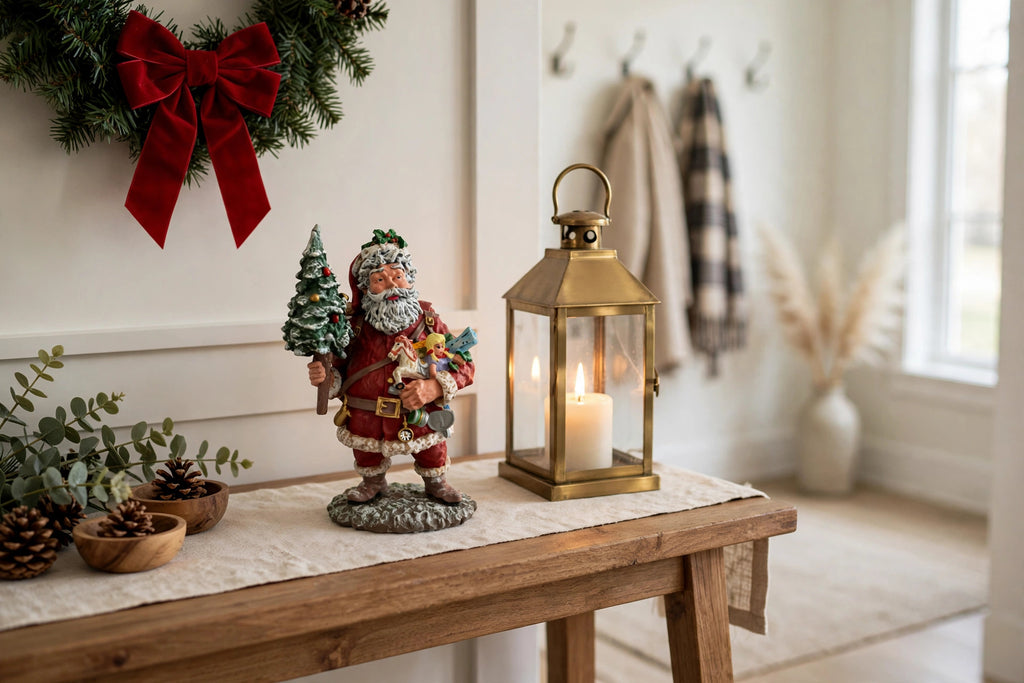 Styled lifestyle photo — display inspiration: Today's Nast Santa figurine on an entryway console table beside a lit lantern, with a wreath above